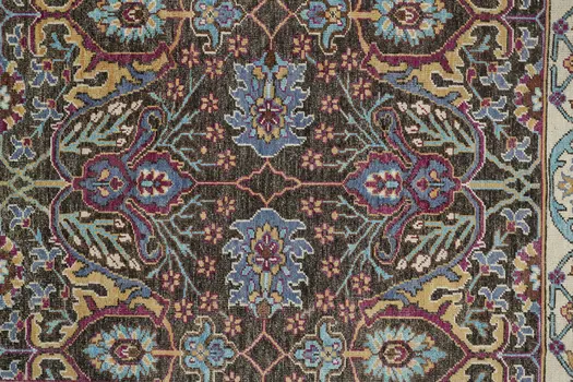2' X 3' Ivory and Blue Wool Floral Hand Knotted Distressed Area Rug With Fringe