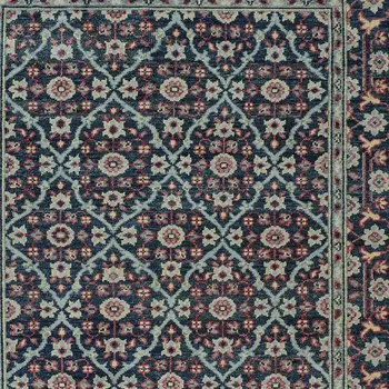 5' X 8' Blue Green And Red Wool Floral Hand Knotted Distressed Stain Resistant Area Rug With Fringe