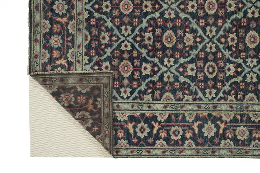 5' X 8' Blue Green And Red Wool Floral Hand Knotted Distressed Stain Resistant Area Rug With Fringe
