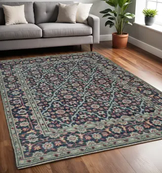 5' X 8' Blue Green And Red Wool Floral Hand Knotted Distressed Stain Resistant Area Rug With Fringe