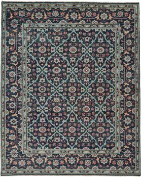 8' X 10' Blue Green And Red Wool Floral Hand Knotted Distressed Stain Resistant Area Rug With Fringe
