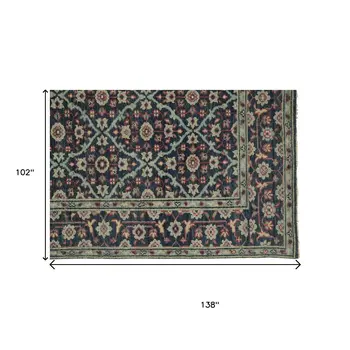 9' X 12' Blue Green And Red Wool Floral Hand Knotted Distressed Stain Resistant Area Rug With Fringe