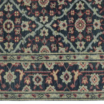 9' X 12' Blue Green And Red Wool Floral Hand Knotted Distressed Stain Resistant Area Rug With Fringe