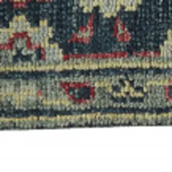 10' X 13' Blue Green And Red Wool Floral Hand Knotted Distressed Stain Resistant Area Rug With Fringe