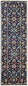 8' Blue and Green Wool Floral Hand Knotted Distressed Runner Rug With Fringe