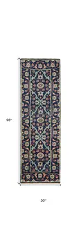 8' Blue and Green Wool Floral Hand Knotted Distressed Runner Rug With Fringe