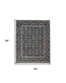 2' X 3' Blue and Green Wool Floral Hand Knotted Distressed Area Rug With Fringe