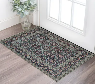 2' X 3' Blue and Green Wool Floral Hand Knotted Distressed Area Rug With Fringe