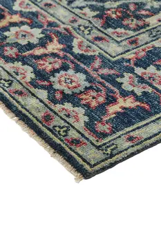 2' X 3' Blue and Green Wool Floral Hand Knotted Distressed Area Rug With Fringe