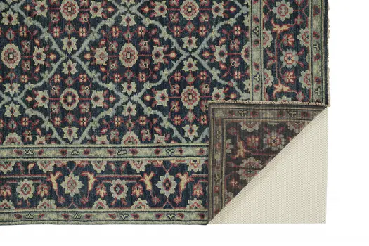 2' X 3' Blue and Green Wool Floral Hand Knotted Distressed Area Rug With Fringe