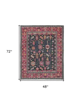 4' X 6' Dark Pink and Blue Wool Tribal Hand Knotted Distressed Area Rug With Fringe