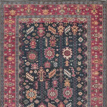 5' X 8' Pink Blue And Orange Wool Floral Hand Knotted Distressed Stain Resistant Area Rug With Fringe