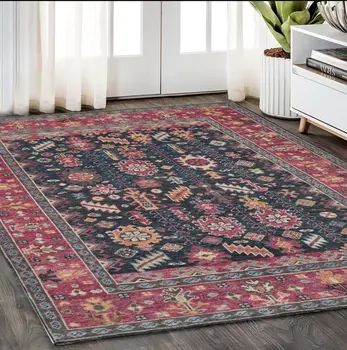 5' X 8' Pink Blue And Orange Wool Floral Hand Knotted Distressed Stain Resistant Area Rug With Fringe