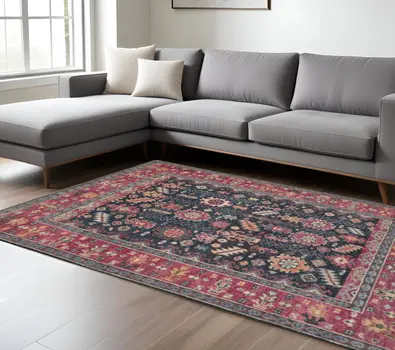 8' X 10' Pink Blue And Orange Wool Floral Hand Knotted Distressed Stain Resistant Area Rug With Fringe