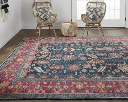 8' X 10' Pink Blue And Orange Wool Floral Hand Knotted Distressed Stain Resistant Area Rug With Fringe