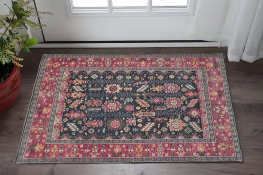 2' X 3' Pink Blue And Orange Wool Floral Hand Knotted Distressed Stain Resistant Area Rug With Fringe