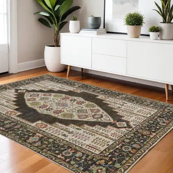 4' X 6' Green and Ivory Wool Floral Hand Knotted Distressed Area Rug With Fringe