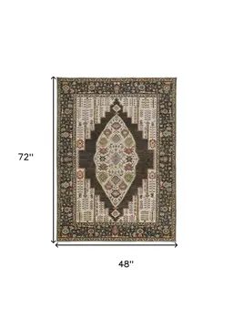 4' X 6' Green and Ivory Wool Floral Hand Knotted Distressed Area Rug With Fringe