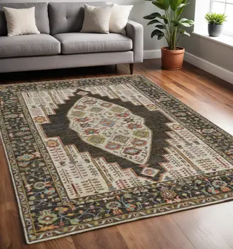 5' X 8' Brown Yellow And Green Wool Floral Hand Knotted Distressed Stain Resistant Area Rug With Fringe