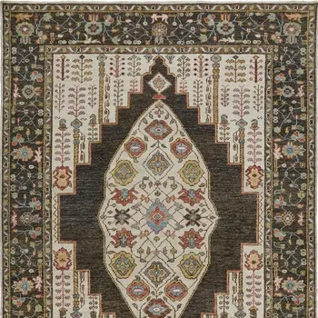 5' X 8' Brown Yellow And Green Wool Floral Hand Knotted Distressed Stain Resistant Area Rug With Fringe