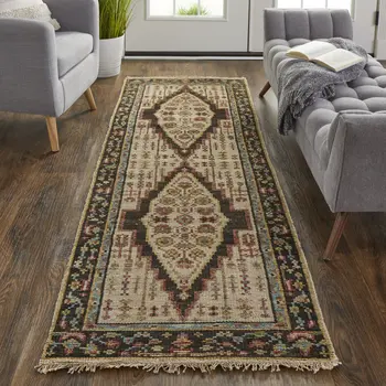 8' Green and Ivory Wool Floral Hand Knotted Distressed Runner Rug With Fringe