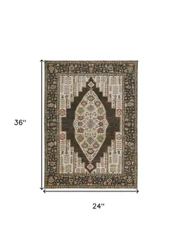 2' X 3' Green and Ivory Wool Floral Hand Knotted Distressed Area Rug With Fringe