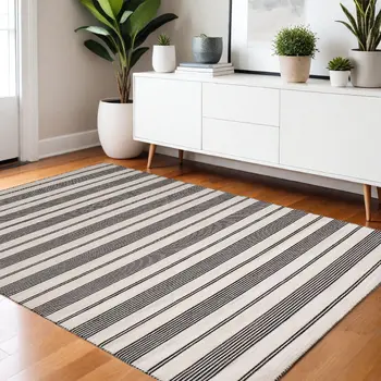 4' X 6' Black And White Striped Hand Woven Area Rug