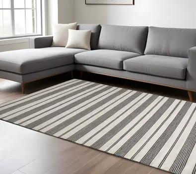 8' X 11' Black And White Striped Dhurrie Hand Woven Stain Resistant Area Rug