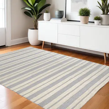 4' X 6' Blue and Ivory Striped Hand Woven Area Rug