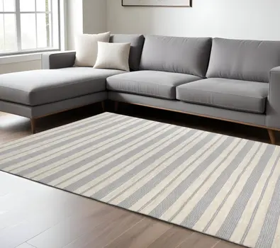 8' X 11' Blue Ivory And Tan Striped Dhurrie Hand Woven Stain Resistant Area Rug