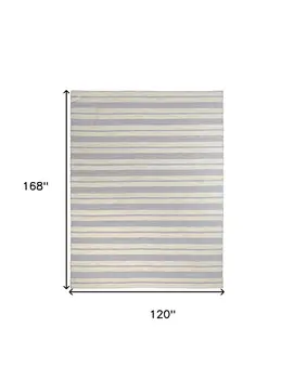10' X 14' Blue Ivory And Tan Striped Dhurrie Hand Woven Stain Resistant Area Rug