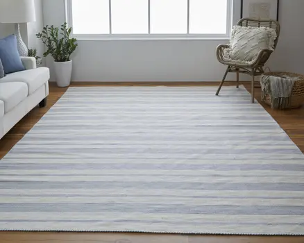 10' X 14' Blue Ivory And Tan Striped Dhurrie Hand Woven Stain Resistant Area Rug