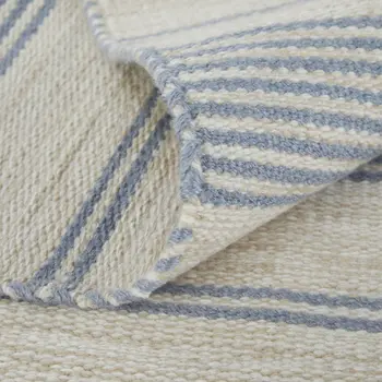 10' X 14' Blue Ivory And Tan Striped Dhurrie Hand Woven Stain Resistant Area Rug