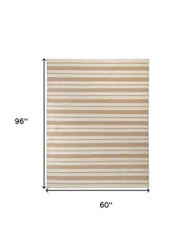 5' X 8' Ivory Taupe And Brown Striped Dhurrie Hand Woven Stain Resistant Area Rug
