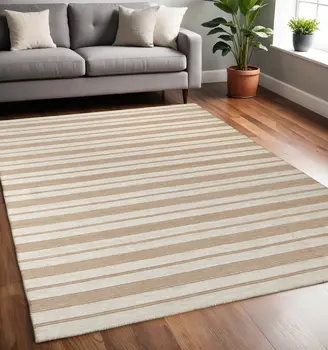 5' X 8' Ivory Taupe And Brown Striped Dhurrie Hand Woven Stain Resistant Area Rug