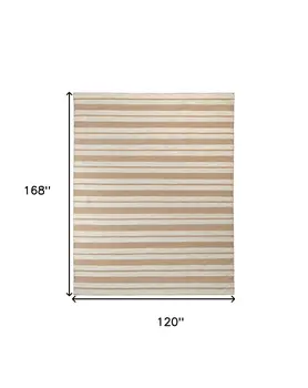 10' X 14' Ivory Taupe And Brown Striped Dhurrie Hand Woven Stain Resistant Area Rug