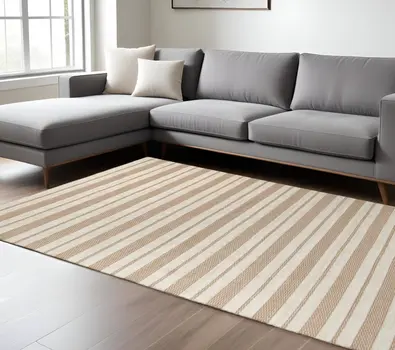 10' X 14' Ivory Taupe And Brown Striped Dhurrie Hand Woven Stain Resistant Area Rug