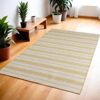 4' X 6' Yellow And Ivory Striped Dhurrie Hand Woven Stain Resistant Area Rug