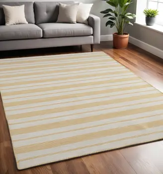 5' X 8' Yellow And Ivory Striped Dhurrie Hand Woven Stain Resistant Area Rug
