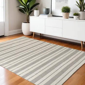 4' X 6' Gray and Ivory Striped Hand Woven Area Rug
