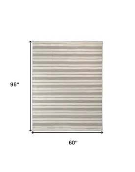 5' X 8' Gray And Ivory Striped Dhurrie Hand Woven Stain Resistant Area Rug