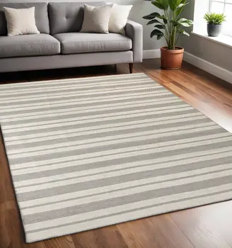 5' X 8' Gray And Ivory Striped Dhurrie Hand Woven Stain Resistant Area Rug