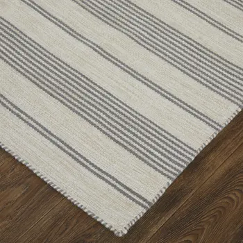 5' X 8' Gray And Ivory Striped Dhurrie Hand Woven Stain Resistant Area Rug