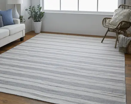 8' X 11' Gray and Ivory Striped Hand Woven Area Rug