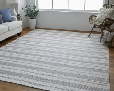 10' X 14' Gray And Ivory Striped Dhurrie Hand Woven Stain Resistant Area Rug