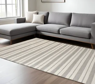 10' X 14' Gray And Ivory Striped Dhurrie Hand Woven Stain Resistant Area Rug