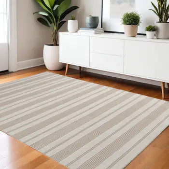 4' X 6' Ivory And Taupe Striped Dhurrie Hand Woven Stain Resistant Area Rug