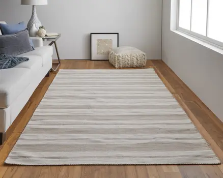5' X 8' Ivory And Taupe Striped Dhurrie Hand Woven Stain Resistant Area Rug