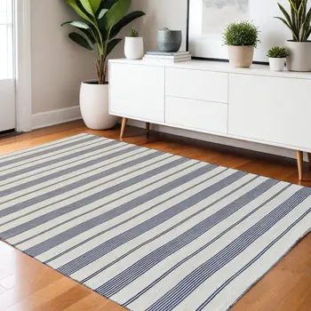 4' X 6' Blue and Ivory Striped Hand Woven Area Rug
