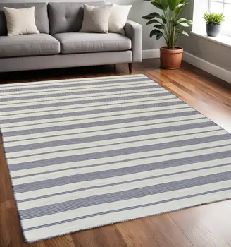 5' X 8' Blue And Ivory Striped Dhurrie Hand Woven Stain Resistant Area Rug